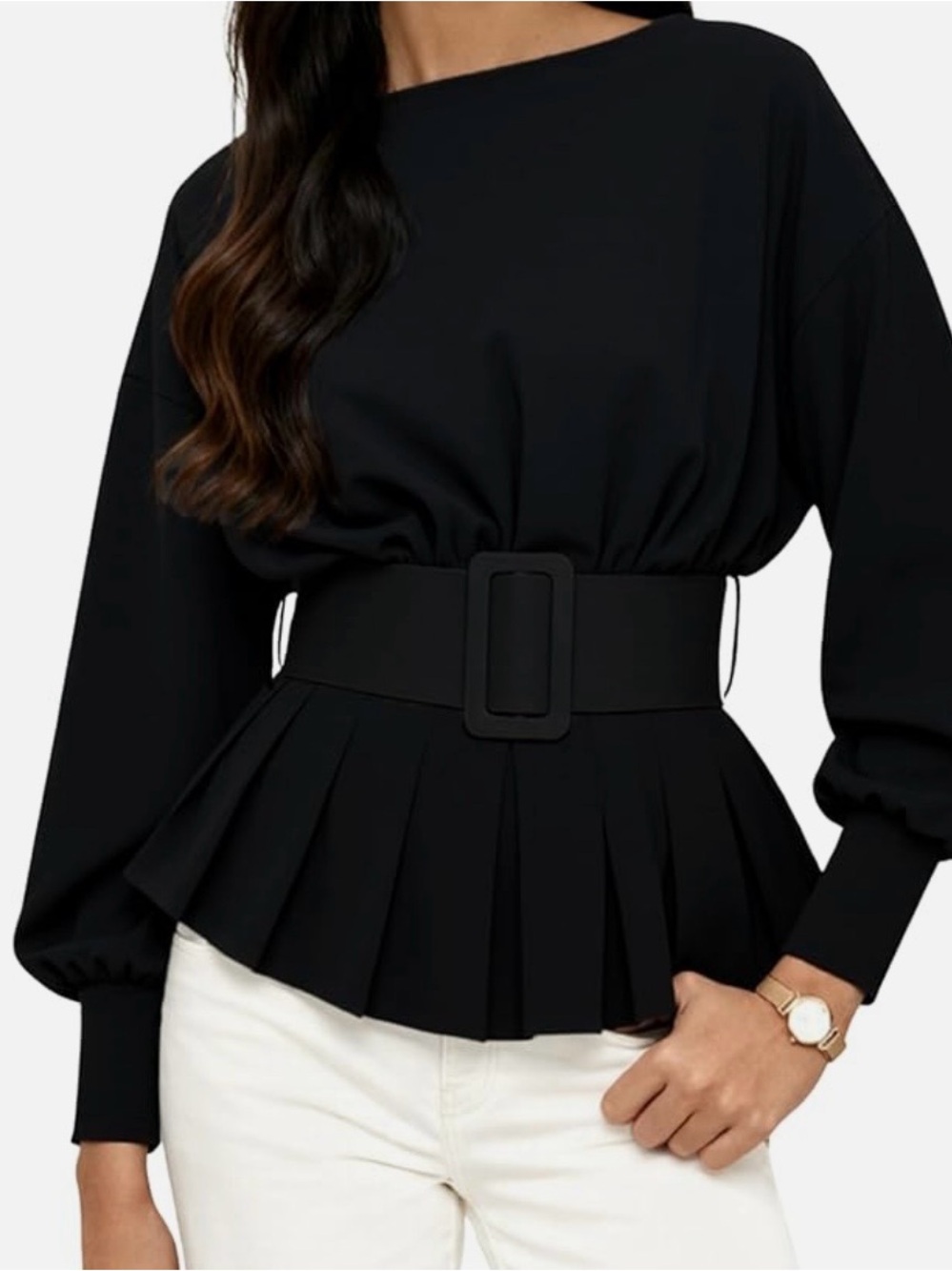 Black Pleated Peplum Top with Statement Belt chic and comfortable